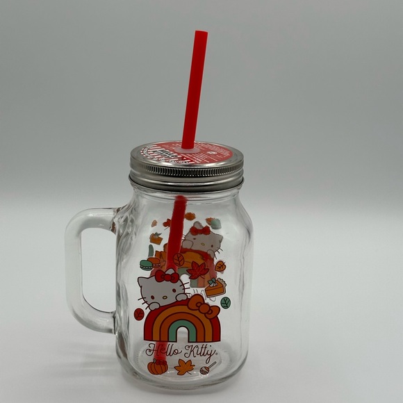 Hello Kitty - Fall Mason Jar with Handle, Lid & Straw Glass 21 oz NEW Sanrio - Picture 3 of 4